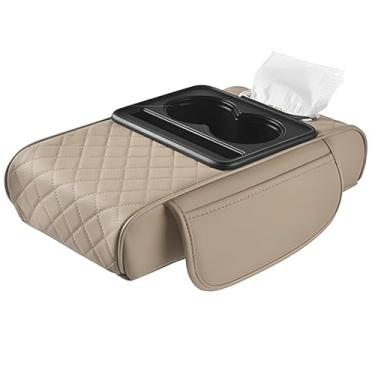Imagem de Travesseiro de couro para console central de carro com porta-copos e compartimento para lenços, suporte de espuma de memória, organizador de caixa de apoio de braço de carro