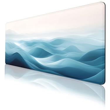 Imagem de Ocean Waves Mouse Pad para jogos, minimalista, azul, branco, arte moderna, mouse estendido, bordas costuradas à prova d'água, base de borracha, antiderrapante, deskmap, tapete de teclado de computador