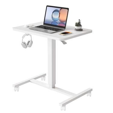 Imagem de YIHAYO Mesa móvel pequena para laptop, 61 x 40 cm, altura ajustável, portátil, com rodas traváveis, estação de trabalho de computador para escritório em casa com gancho, branca