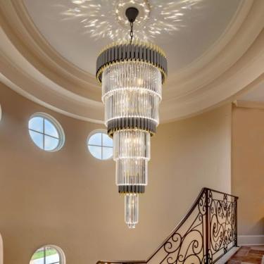 Imagem de WOSOHYUN Lustres modernos de ouro preto grandes lustres de cristal de 5 camadas 199.9 cm A x 61.0 cm L grande lustre de cristal para teto alto para entrada de escada