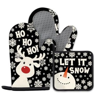 Imagem de Conjunto de 3 luvas de forno de boneco de neve de Natal e porta-panelas, boneco de neve de alce fofo para mulheres, luvas de forno de silicone antiderrapantes resistentes ao calor para cozinhar, assar