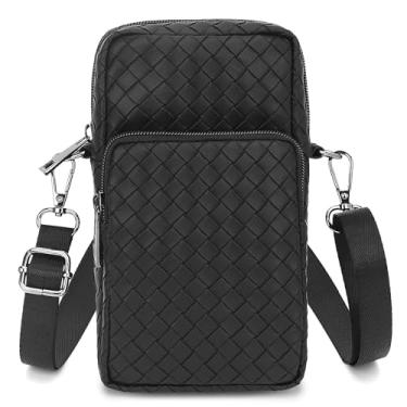 Imagem de BBORGDC Bolsas transversais pequenas para mulheres, bolsa de telefone de couro vegano, bolsa de ombro boho com design original, bolsa de viagem RFID de tecelagem preta, design 3D em camadas para