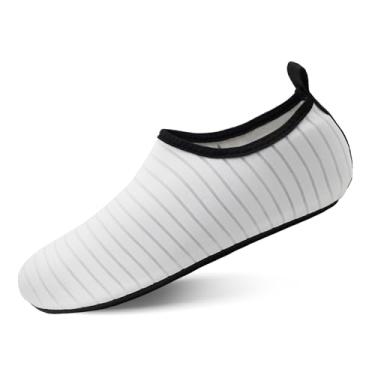 Imagem de Valennia Sapatos aquáticos para mulheres e homens nadam descalço secagem rápida adulto meias aquáticas antiderrapantes sapatos de ioga acessórios de praia, 1 listrado, branco, 11-12 Women/9.5-10 Men