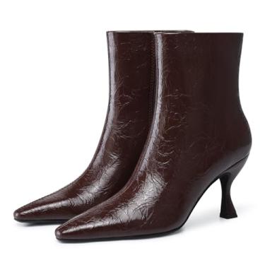 Imagem de CELLENZ Botas femininas de salto gatinho: salto alto de 9 cm, botas de cano curto sexy de bico fino, botas curtas com zíper lateral na moda para uso formal, noite, festa, dia a dia, Marrom envernizado