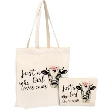 Imagem de jeilink Sacola de lona em aquarela dinossauro cavalo lobo raposa vaca frango com bolsa de maquiagem para mulheres meninas aniversário Natal, Vaca fofa 1164, Large