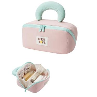 Imagem de RSRSLEII Bolsa de maquiagem de viagem, bolsas de cosméticos de grande capacidade para mulheres, bolsa de maquiagem portátil à prova d'água com organizador de pincéis, bolsa de higiene plana aberta com