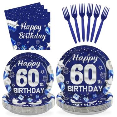 Imagem de 96 peças, decorações de festa de 60 anos, pratos e guardanapos azuis e prateados, descartáveis, azul, prata, 60 anos, conjunto de utensílios de mesa de papel para homens e mulheres, artigos de festa