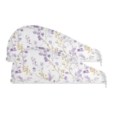 Imagem de SEHANY Toalha de cabelo de microfibra elegante flores roxas para mulheres 2 peças turbantes de cabelo de secagem rápida com botão, touca de cabelo seco absorvente toalha de secagem de cabelo para