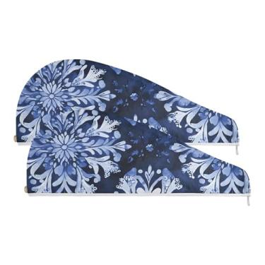 Imagem de SEHANY Bohemia Toalha de cabelo de microfibra flor azul para mulheres 2 peças turbantes de cabelo de secagem rápida com botão, touca de cabelo seco absorvente toalha de secagem de cabelo para cabelos