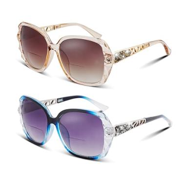 Imagem de HGIOOIGH Óculos de sol de leitura bifocais para mulheres, óculos de sol quadrados grandes, com armação brilhante, composto brilhante, 2 unidades + 1,0