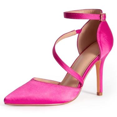 Imagem de SICARE Sapato feminino de salto alto fechado bico fino com alça cruzada D'Orsay salto agulha sapatos de festa de casamento para noivas, Rosa choque, 35