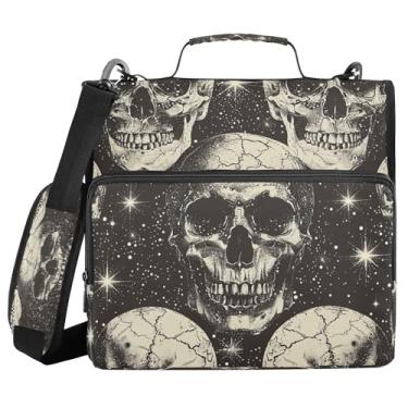 Imagem de SEHANY Fichário com zíper de caveira com alça de ombro, capacidade para 500 folhas, vários bolsos 3,8 cm para fichário com zíper e 3 anéis