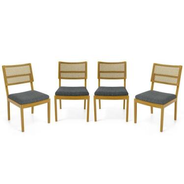 Imagem de Kit Com 4 Cadeiras Milena Madeira Maciça Assentos Estofados Encostos De Tela Palha Sextavada Linho Chumbo 406