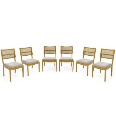 Imagem de Kit Com 6 Cadeiras Milena Madeira Maciça Assentos Estofados Encostos De Tela Palha Sextavada Veludo Bege 102