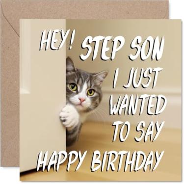 Imagem de Stuff4 Cartão de aniversário Step Son - Cute Cat Peekaboo - Cartão de feliz aniversário para enteado da mamãe, cartões de felicitações adorável Kitty Bday de 5,7 polegadas