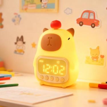Imagem de YLMFTNU Despertador Capybara com luz noturna, luminária de mesa de silicone com modo soneca e som presente, OK para despertar, relógios infantis de treinamento de sono, lindos relógios digitais para