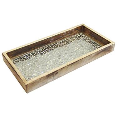 Imagem de NuSteel Bandeja de mosaico para toalha em madeira natural e mosaico prateado para toalhas de papel, decoração de banheiro, bandeja de enrolar