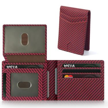 Imagem de GNDR Carteira masculina com bloqueio de RFID, duas dobras, de couro de fibra de carbono, acessórios masculinos, Fibra de carbono bicolor preta e vermelha-06