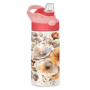 Imagem de xigua Buquê floral em aquarela infantil garrafa de água com canudo – copo de aço inoxidável à prova de vazamento de 340 g para esportes, creche