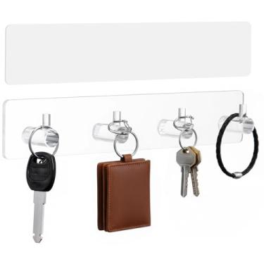 Imagem de Fiwochic 1 porta-chaves adesivo para parede de acrílico com 4 ganchos para entrada, porta, banheiro, cozinha, chaves de pendurar, chapéus, coleiras de cachorro e acessórios (transparente)