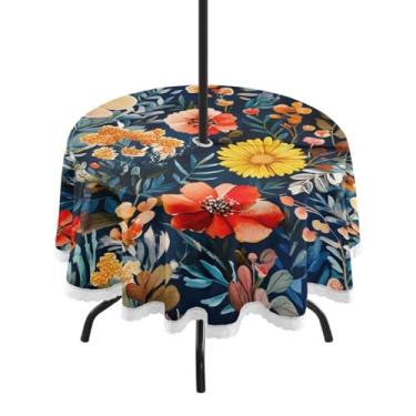 Imagem de CEBUGI Toalha de mesa redonda para uso ao ar livre, aquarela, floral, impermeável, com furo Umberlla, capa de mesa lavável para pátio, cozinha, sala de jantar, 152 cm