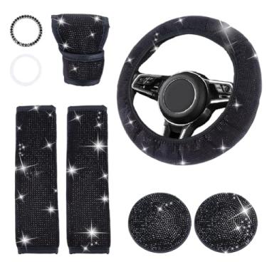 Imagem de DICOSMETIC Conjunto de acessórios de carro com glitter preto, decoração de veículos, strass, capa de volante, almofada de cinto de segurança, cristal, capa de mudança de marcha, porta-copos de carro