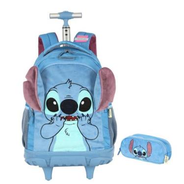 Imagem de Kit Mochila Rodinhas e Estojo Peluciada Stitch - Luxcel, Azul