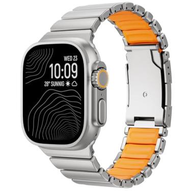 Imagem de Pulseira de silicone de aço inoxidável compatível com Apple Watch Ultra 3/2/1 de 49 mm/46 mm/45 mm/44 mm/42 mm, resistente à água para homens e mulheres iWatch séries 11/10/9/8/7/6, titânio, laranja