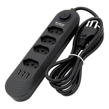 Imagem de Extensão Elétrica com 4 Tomadas e 3 Portas USB, Bivolt, Cabo de 2 Metros, Preto