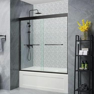 Imagem de YELNA 142 – 152 cm L × 144,8 cm A Porta deslizante do chuveiro, porta deslizante de vidro para chuveiro de banheira semi sem moldura, vidro temperado transparente espesso certificado, preto fosco.