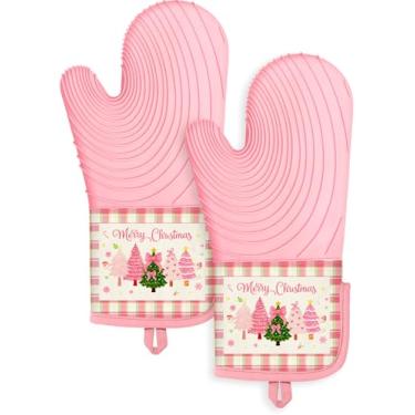 Imagem de Slohif Luvas de forno longas de silicone resistentes ao calor para mulheres - 2 peças de luvas de forno de Natal 100% algodão, luvas de forno de silicone antiderrapantes e impermeáveis com gancho para