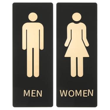 Imagem de PATIKIL Placa de banheiro de 2 peças, placa de banheiro de 10 x 28 cm, unissex, autoadesiva, engraçada, metal neutro, fofo, para negócios, casa, banheiro, porta, parede, mulher, homem, sinalização