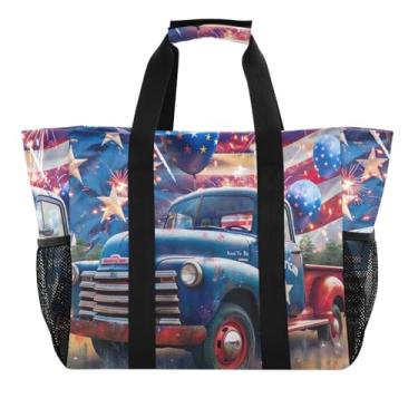 Imagem de ODAWA Bolsa de verão leve e resistente à água, organizadora esportiva, sacola durável para piscina, balões azuis de caminhão de julho, 4 balões azuis de caminhão de julho, One Size