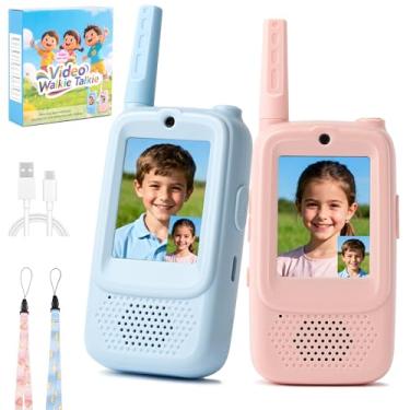 Imagem de Walkie Talkie de vídeo digital infantil, pacote com 2 dispositivos de comunicação portáteis recarregáveis com tela LCD, cores azul e rosa para jogos em ambientes internos e externos, acampamento