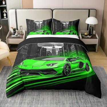 Imagem de Feelyou Conjunto de capa de edredom de carro de corrida verde 100% algodão, tamanho solteiro, para meninos e meninas, adolescentes, esportes radicais, capa de edredom de rua, cidade gótica, capa de
