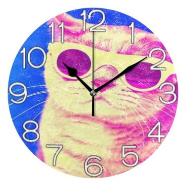 Imagem de Relógio de parede neon legal gato brilhante analógico decorativo quarto cozinha relógio redondo sem tique-taque silencioso, arte de parede boho decoração de casa, 25 cm, ponteiros pretos