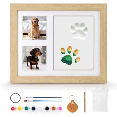 Imagem de Breeker Conjunto de presente memorial para animais de estimação – Kit de impressão de pata de cachorro e gato com moldura de madeira e chaveiro em forma de pata, argila seca ao ar, almofada de tinta