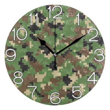 Imagem de Relógio de parede analógico decorativo funky alimentado por bateria relógio de sala de aula, arte de parede moderna legal decoração de casa, camuflagem digital verde pixelado, 25 cm, ponteiros