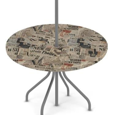 Imagem de Toalha de mesa redonda para uso ao ar livre – Toalha de mesa circular de jornal vintage com orifício para guarda-chuva e zíper oculto – capa de mesa impermeável para mesas de 114 a 142 cm para pátio