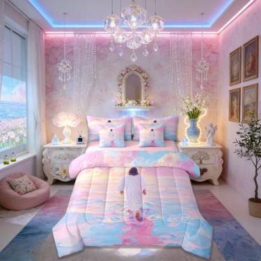 Imagem de Conjunto de cama casal God Walking on Water, moldura 3D, versículo bíblico, 7 peças, decoração bíblica do Salvador Ocidental para meninos e meninas, rosa e azul (elástico + lençol + 2 fronhas + 2