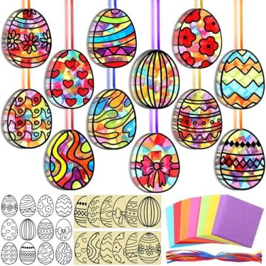 Imagem de AmazingSpark 36 peças de kit de artesanato de papel de ovo de Páscoa, conjunto de artes e artesanato com cartolina pré-cortada e papel de seda, apanhadores de sol estilo vitral faça você mesmo para
