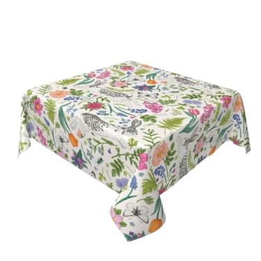 Imagem de Sunshineyan Toalha de mesa quadrada de primavera, Páscoa, 137 x 137 cm, toalhas de mesa vintage com estampa de folhas de flores de coelho, toalhas de mesa para uso ao ar livre, poliéster, coelho, para