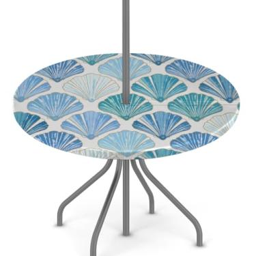 Imagem de Ackutea Toalha de mesa redonda ajustada ao ar livre - Conchas de borda elástica circular toalha de mesa com orifício para guarda-chuva e zíper oculto - capa de mesa impermeável para mesas de 114 a 142