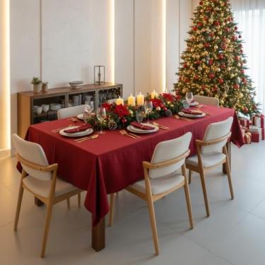 Imagem de Este conjunto de toalha de mesa de duas peças mede 2,00 x 1,40 metros e é feito de tecido Oxford premium com bordas reforçadas(Vermelho)