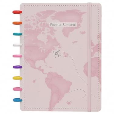 Imagem de Caderno Inteligente Pautado com Tema de Mapas Mundiais, Tamanho B5 26x19cm, 80 Folhas Destacáveis Personalizáveis, Elástico Protetor, Diversos Modelos Travel The World volta as aulas Estudo, Trabalho e Universidade (caderno-rosa)