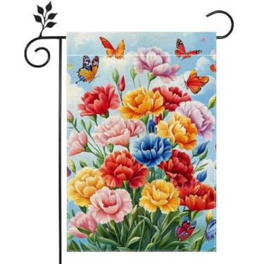Imagem de Primavera cravos flores bandeira de jardim colorido floral bem-vindo quintal bandeira exterior dupla face 12x18 polegadas
