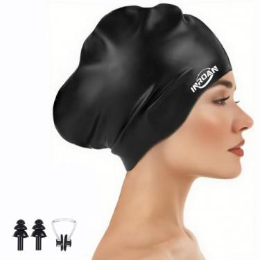 Imagem de Touca de natação de cabelo grosso grande com espaço extra para mulheres e homens, touca de natação de silicone premium para cabelos longos com tampões de ouvido, conjunto de clipe de nariz, chapéus de