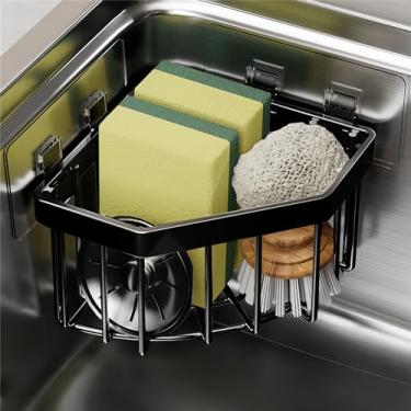 Imagem de COKOEYSDR Organizador de pia montado na parede, suporte de esponja de cozinha de aço carbono com 2 ganchos adesivos, rack de drenagem triangular, 14 x 14 x 9 cm (preto)