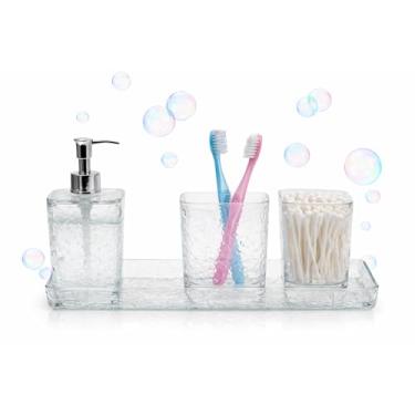 Imagem de Kit Banheiro Lavabo Luxo 4 Peças Bandeja Organizadora, Porta Sabonete Líquido, Porta Escovas, Porta Algodão e Cotonetes, Conjunto Decorativo Moderno para Pia
