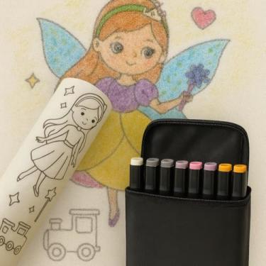 Imagem de Kit Rolo de Papel Adesivo Infantil com Bolsa de Canetinha 36cores para Colorir Temas 3 Metros Folhas Destacáveis 3m (PRINCESAS)